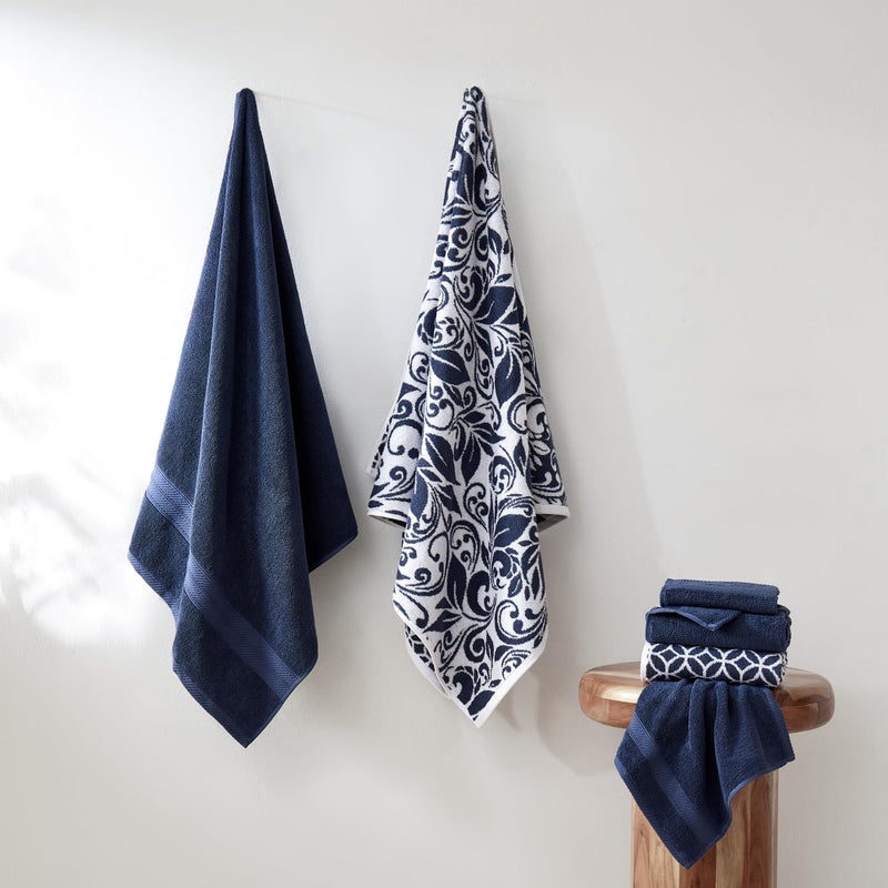 Modern Threads Trefoil Filigree 6-Piece 100% Cotton Towel Set â€“ Reversible Yarn Dyed Jacquard â€“ Includes 2 Bath Towels, 2 Hand Towels, 2 Washcloths â€“ Absorbent, Quick Dry, Soft & Durable â€“ Navy Blue - Image 4